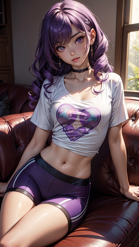 (masterpiece), (best quality), (detailed), light layer, 1solo girl, young girl, perfect body, purple hair in curls, defined large chest, small waist,defined collarbone, ultra realistic, photorealistic, detailed, ,Enhance, wearing a anime shirt and bike shorts, living room background, sitting on couch 