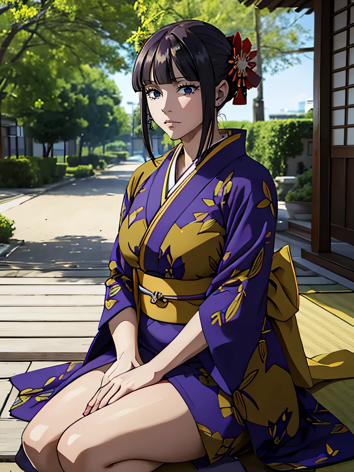 , 1 (Realistic), 8K,ultra,Young woman, sitting on his knees,I look at the viewer, anime coloring pages, on open air, traditional or waving clothes, kimono,