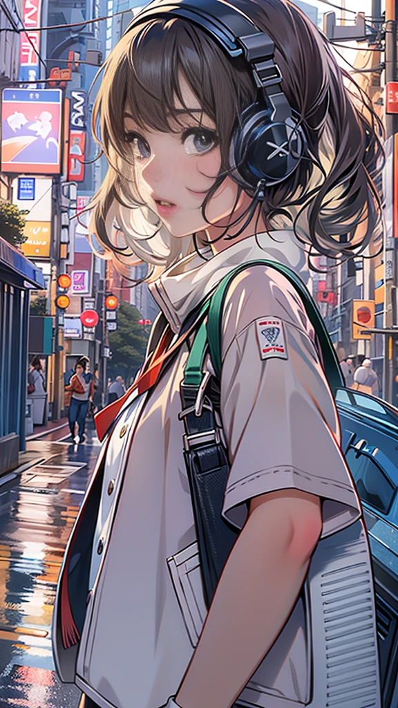 (masterpiece), (highest quality:1.4), (Ultra-high resolution:1.2),  Ultra-detailed backgrounds, (unity 8k wallpaper), A pretty high school girl wearing headphones walking through the streets of Tokyo in an illustration influenced by city pop culture、uniform、Wear loose socks for a stylish and nostalgic look、One subject without splitting the screen