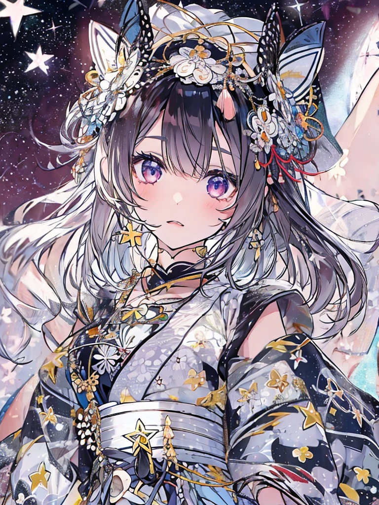 1girl、vtuber-fullbody、Star Fairy、Masterpiece、Official Art、Super detailed、super beautiful、かわいいStar Fairy、white straight short hair、Milky Way、universe、star charm、Star、Baby Face、Knee-high boots、Japanese pattern dress、A beautiful girl wearing black and white clothes that are a remake of a yukata.、universeを思わせるOiranフリルドレス、Oiran、Box Pleats Mini、