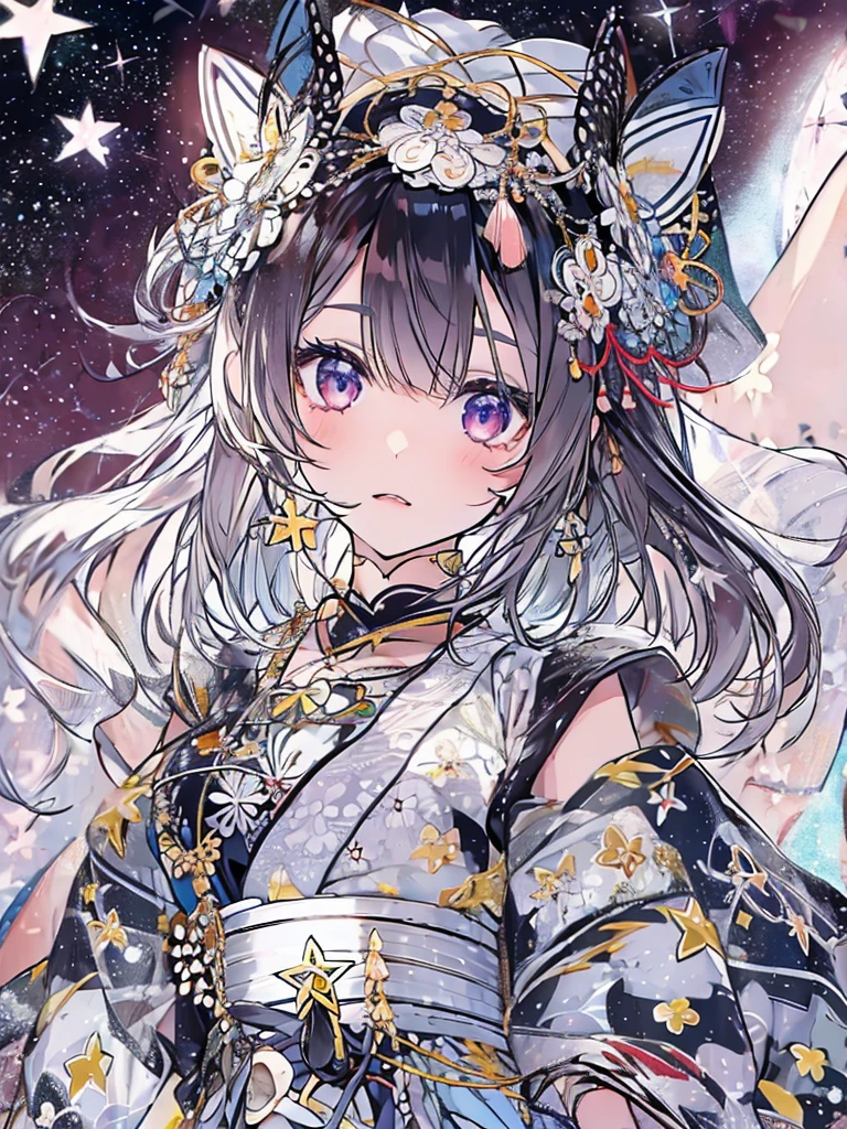 1fille、vtuber-fullbody、étoile Fairy、chef-d&#39;œuvre、art officiel、Super détaillé、super belle、かわいいétoile Fairy、cheveux courts et raides blancs、voie Lactée、univers、charme étoile、étoile、visage de bébé、Bottes hauteur genou、Robe à motif japonais、Une belle fille portant des vêtements noirs et blancs qui sont un remake d&#39;un yukata.、universを思わせるOïranフリルドレス、Oïran、Mini plis creux、