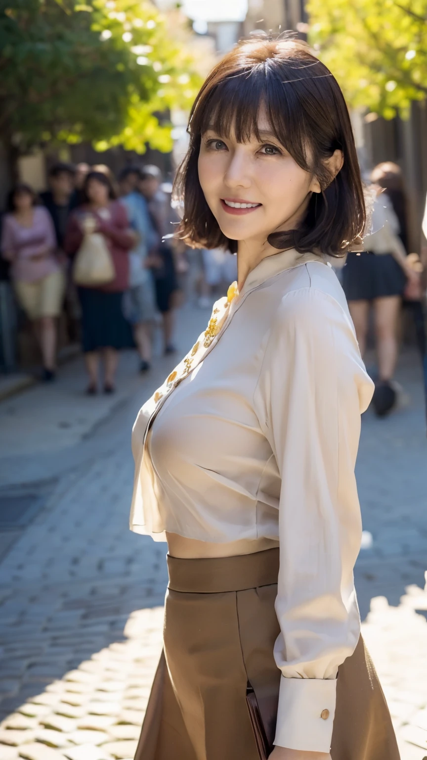 NSFW, ((Best quality)), ((8K)), ((Masterpiece: 1.3)), (Perfect appearance), (Photorealism: 1.6), (woman walking on cobblestones), Japanese woman, (48 years old), married woman, ((realistic skin texture)), (fine lines all over the skin), dullness, lack of moisture, wrinkles on the face, wrinkles at the corners of the eyes, (double eyelids: 1.0), crying moles, Her lips are thinly parted, the corners of her mouth are raised in a gentle smile, dimples, short bangs, short hair, small breasts, small nipples, soft fabric blouse, wide sleeves, Cuffs that fit your wrist, (The hem of the blouse is tucked into the skirt: 1.2), long tight skirt, (Long skirt that is tight around the hips: 1.2), ((full body)),