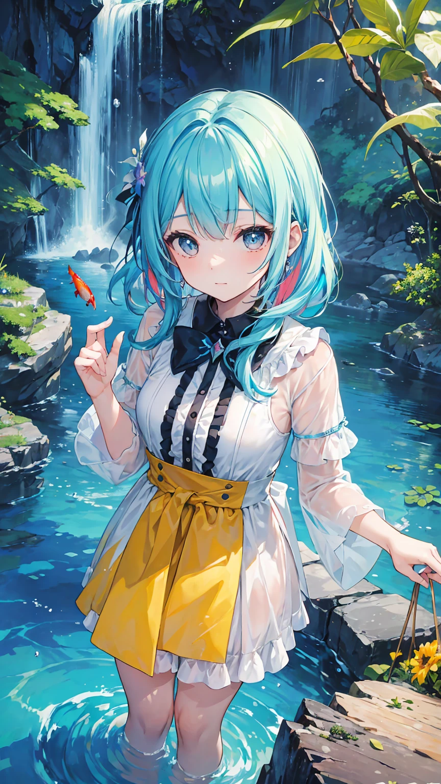 (masterpiece, best quality), (colorful:1.4), from above, solo, 1girl standing in a magical waterfall with shimmering waters and a bag of healing herbs, depth of field, fisheye lens