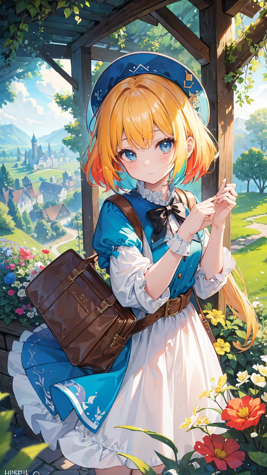 (masterpiece, best quality), (colorful:1.4), from above, solo, 1girl standing in a fairy-tale village with quaint cottages and a bag of enchanted artifacts, depth of field, fisheye lens