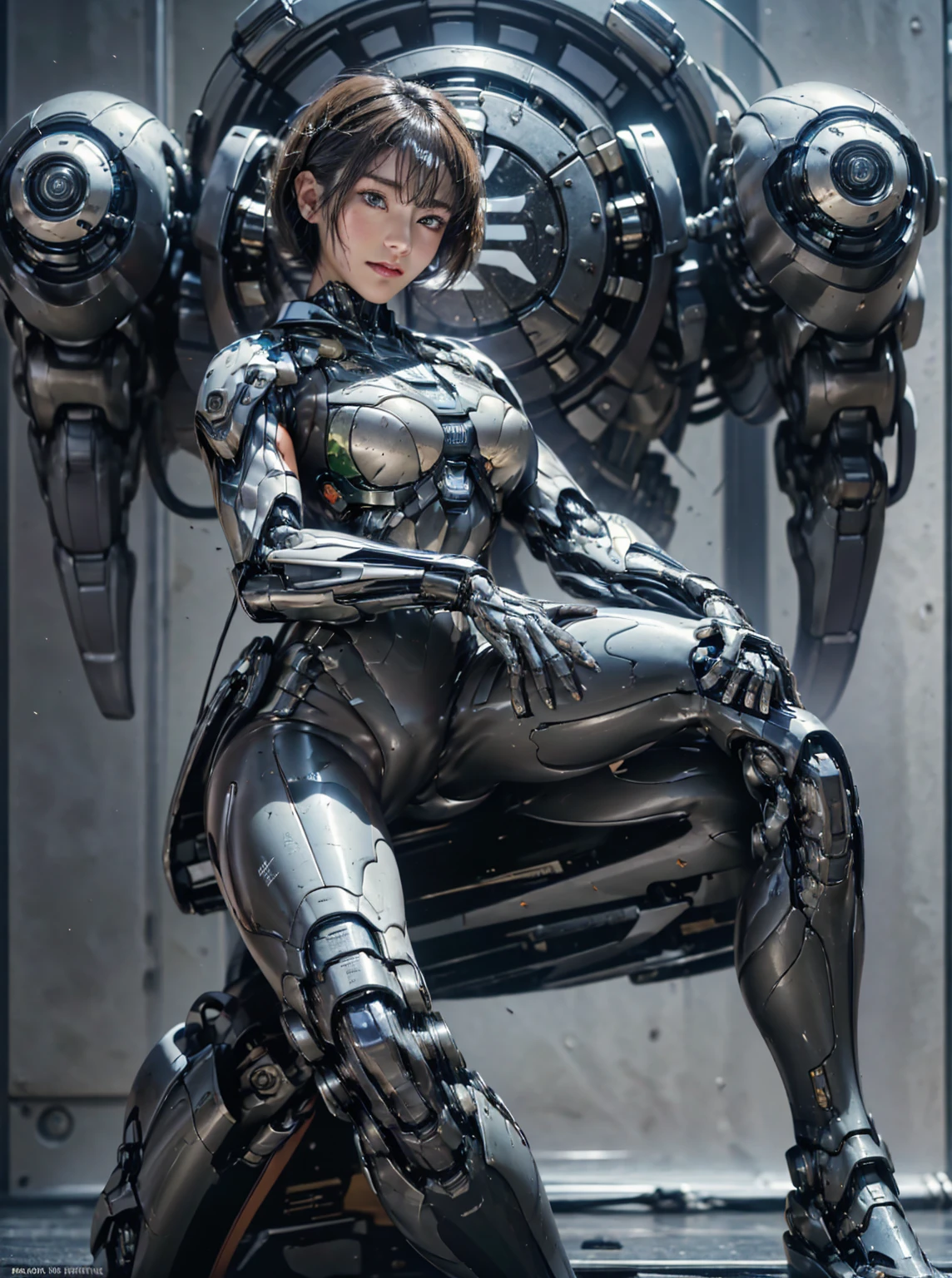  Very detailed, Advanced Details, high quality, 最high quality, High resolution, 1080p, hard disk, beautiful,(sweaty face,beautifulサイボーグの女性,Mecha Cyborg Girl,Combat mode: She&#39;s wearing a Transformers mech,full body shot　Short Hair　Primary school students　Spread your legs wide　Do not expose skin