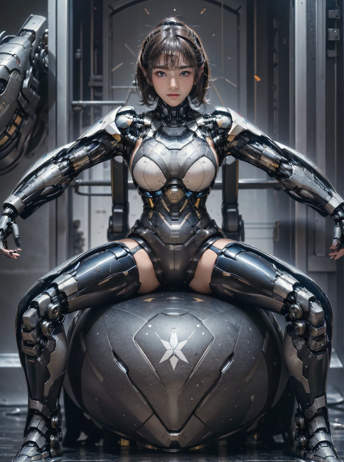  Very detailed, Advanced Details, high quality, 最high quality, High resolution, 1080p, hard disk, beautiful,(sweaty face,beautifulサイボーグの女性,Mecha Cyborg Girl,Combat mode: She&#39;s wearing a Transformers mech,full body shot　Short Hair　Primary school students　Spread your legs wide　Do not expose skin