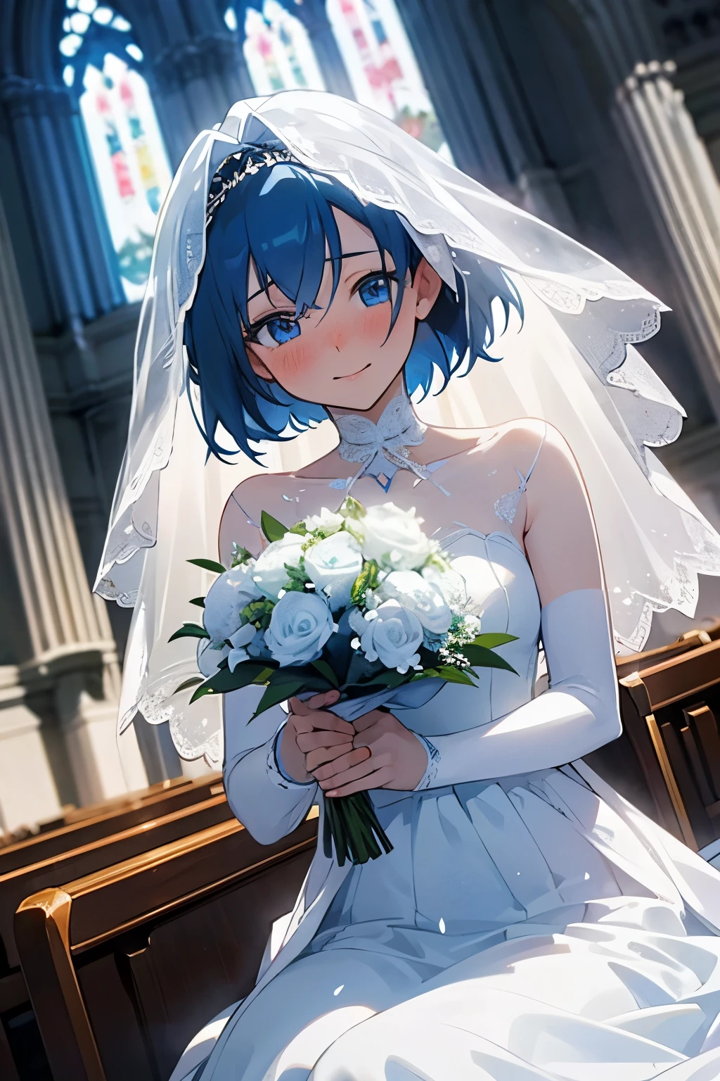 1 schöne Frau, kurze blaue Haare, blaue Augen, weißes Hochzeitskleid, weißer Hochzeitsschleier, einen Blumenstrauß halten, in einer Kirche gelegen, Leute sitzen im Hintergrund, Blütenblätter fallen, schüchternes Lächeln, perfekte Augen, mittlere Aufnahme, Feier von der Hochzeit, hübsch, with 5 hübsch fingers, beschämt