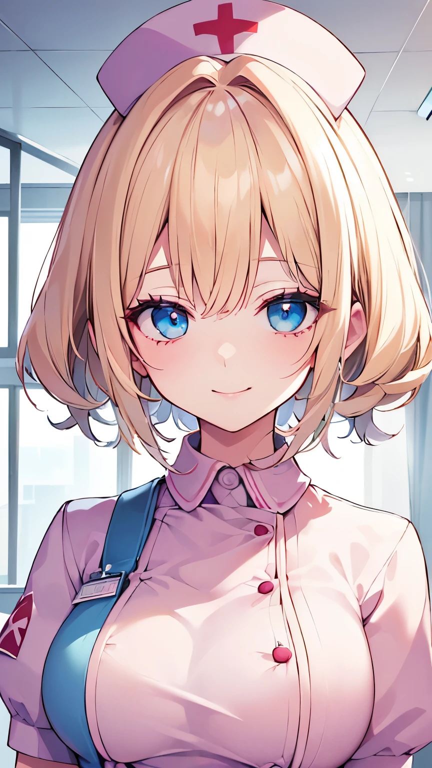 ((Best quality, 8k, Masterpiece: 1.3)), Highly detailed face and skin texture, Detailed eyes, textured skin, highres, nurse, hospital, nurse cap, smile, blue eyes, blonde