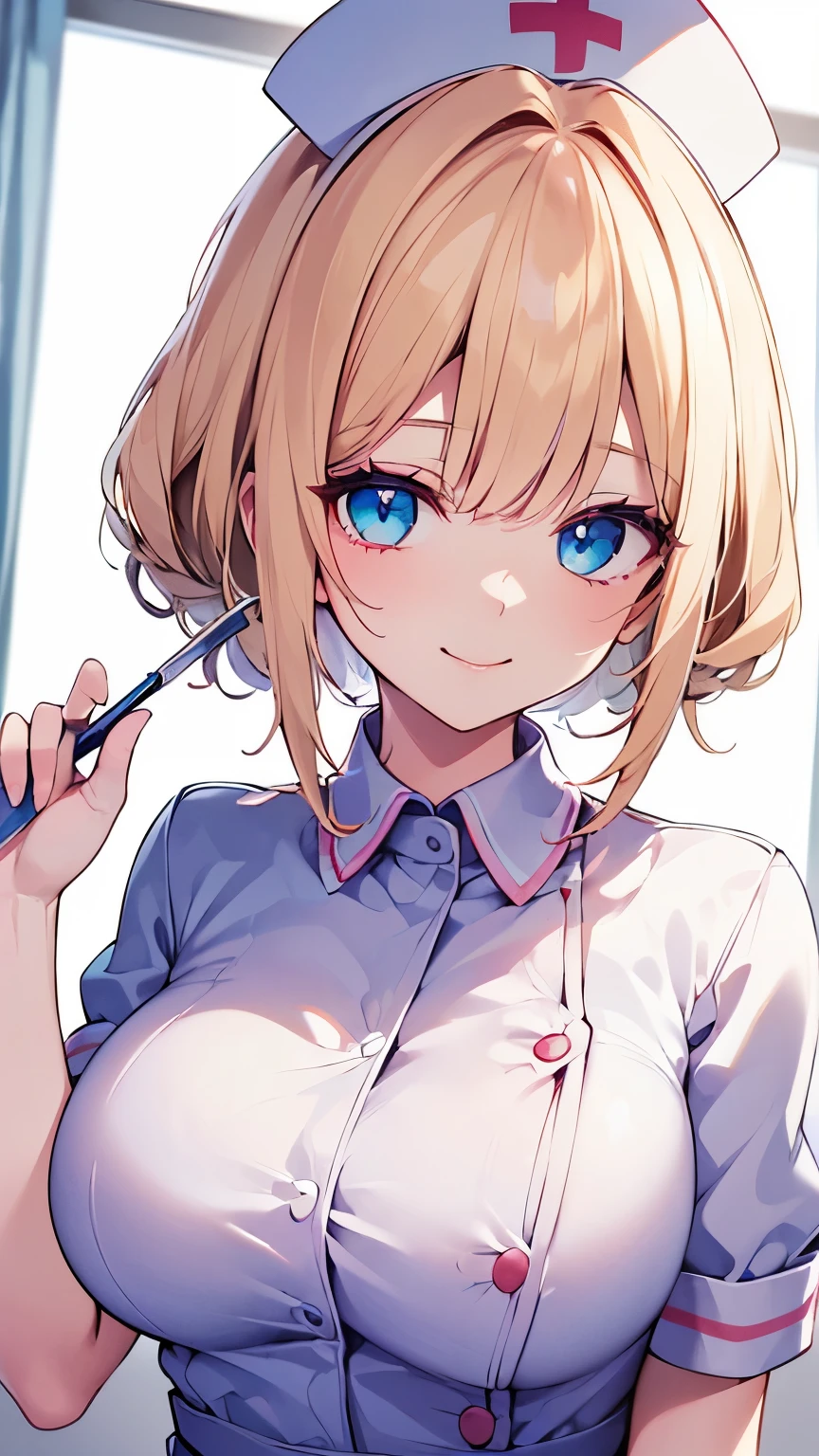 ((Best quality, 8k, Masterpiece: 1.3)), Highly detailed face and skin texture, Detailed eyes, textured skin, highres, nurse, hospital, nurse cap, smile, blue eyes, blonde