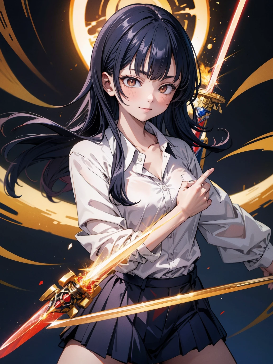 8K,((highest quality)), ((masterpiece)), ((High resolution)), ((Perfect Face)),office,girl,((Flat Chest)),Chubby,business_blouse,Open collar,((Chest turbulence)),Medium_Straight Hair,Black Hair,Bangs,A confident smile,Iris eye,whole body,Holding the Sword,Ready your sword,((Flaming long sword)),((Red Glowing Sword)),((Giant Sword)),((Fantastic Sword)),