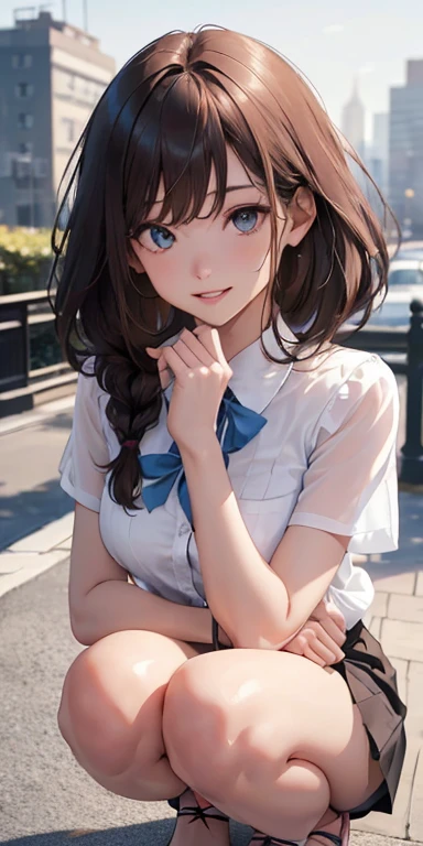 beautiful detailed hair, beautiful detailed face, beautiful detailed eyes, beautiful clavicle, beautiful body, beautiful chest, beautiful thigh, beautiful legs, beautiful fingers, 
looking at viewer, front view:0.6, 1 girl, japanese, high school girl, perfect face, (perfect anatomy, anatomically correct), cute and symmetrical face, babyface, , shiny skin, 
(middle hair:1.7, straight hair:1.6, braided bangs, rosy brown hair), asymmetrical bangs, hair between eyes, emerald green eyes, long eye lasher, (medium breasts), slender, 
((collared short sleeve light pink shirt, dark blue tight skirt)), pink wristwatch, 
(beautiful scenery), evening, (park, cityscape in the distance), (squatting),, (happy smile, parted lips), 