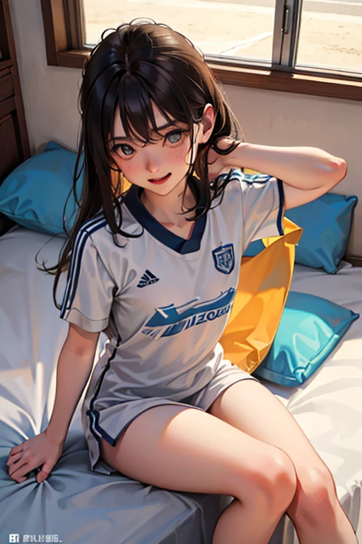 3D illustration、Wearing a soccer uniform with an embroidered logo、Junior high school girl with small breasts、Sweaty and looking happy、Her nipples are visible and protruding、Lying on the bed、Low - Angle、The uniform has an embroidered logo、indoor、