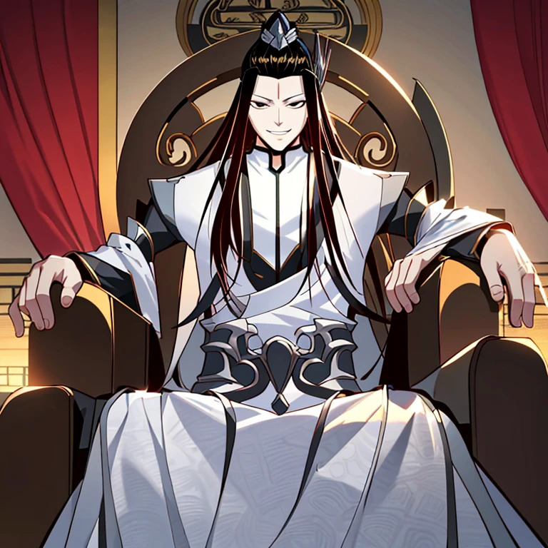 high quality, masterpiece,detailed, gu changge, chinese clothes, black eye,s hanfu male, menacing smile, sitting on throne, dynamic lighting, dark lighting