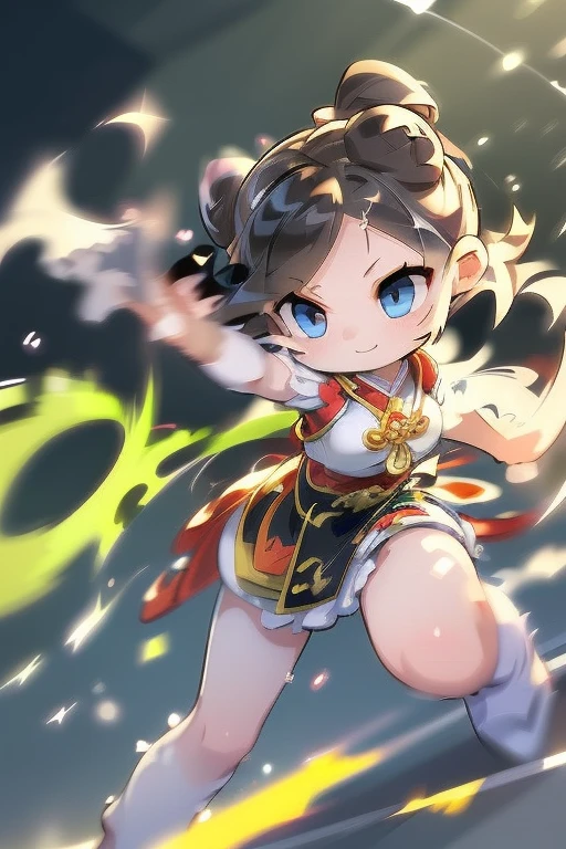 #quality(8k wallpaper of extremely detailed CG unit, ​masterpiece, hight resolution, top-quality, top-quality real texture skin,hyper realisitic, digitial painting,increase the resolution,RAW photosbest qualtiy,highly detailed,the wallpaper),solo,a china girl is fighting by kung-fu,#1girl(chibi,cute, kawaii,small kid,hair floating,messy hair,dark hair,two bun,messy hair,hair,skin color white,eye color dark,eyes shining,big eyes,breast,smile,dynamic action,dynamic pose,dynamic angle,sweat,full body), BREAK ,#arms and regs(motion blur:1.8),#background(chinese temple:2.0,),(when drawing the hand please draw them very correctly for sure),[nsfw]each hand five fingers