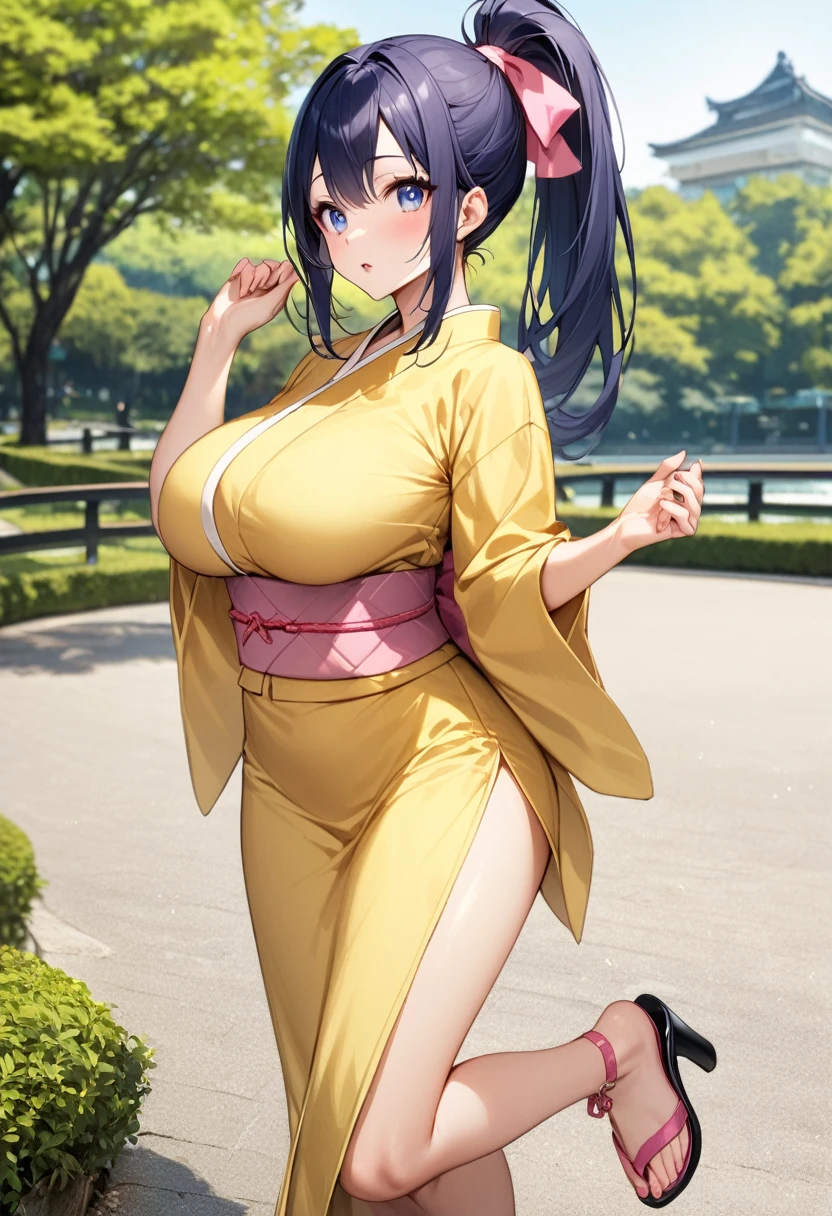 Young girl, indigo eyes, dark-blue hair, ponytail, big , yellow kimono -  SeaArt AI