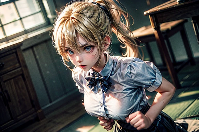 #quality(8k wallpaper of extremely detailed CG unit, ​masterpiece, hight resolution, top-quality, top-quality real texture skin,hyper realisitic, digitial painting,increase the resolution,RAW photosbest qualtiy,highly detailed,the wallpaper),solo,a jk girl is hard punching you by bare fist,#1girl(cute, kawaii,small kid,hair floating,messy hair,blonde hair,long hair,messy hair,pony tail hair,skin color white,eye color blue,eyes shining,big eyes,breast,angry face,punching you by her fist,dynamic pose,dynamic angle,sweat,,), BREAK ,#hand(motion blur:2.0),#background(school,),(when drawing the hand please draw them very correctly for sure),[nsfw]each hand five fingers