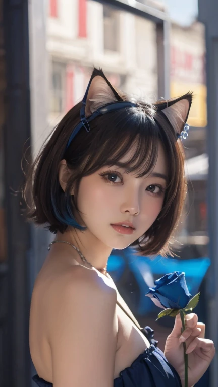 masterpiece, 4K, Bokeh, Beautiful Face, (Multiple Girls:1.4), Harem, (Group photo:1.2), (Cat ear:1.3), (blue medium bob hair:1.4), (Blue Theme:1.6), Looking at the audience, (Blue rose:1.4), (blue cafe background:1.5), (Cowboy Shot:1.4)