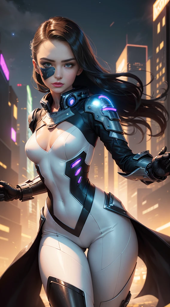 ((Cate: Similar to Miranda Kerr 24 YO & Perfect face & seductive expression & White cyberpunk dress & Full armor with pants & Ultra-detailed hazel eyes & Tall & Slender & Pale skin & Dark brown hair cascading down to your shoulders & Small bust & hourglass figure, detailed hands)) She Is Running On The Rooftops, Dynamic adventurer Poses, Background Futuristic Night City,|
