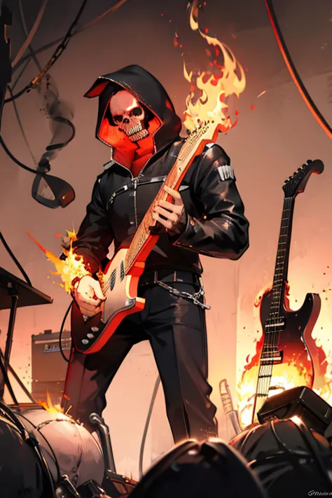 Man with a skull face playing his guitar which catches fire while his head catches fire, the guitar catches fire and is very ang...