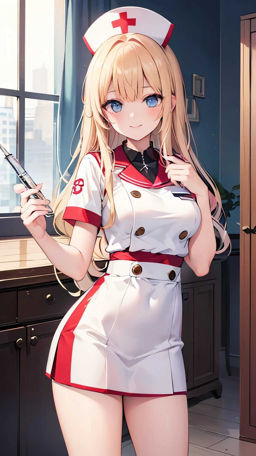 ((Best quality, 8k, Masterpiece: 1.3)), Highly detailed face and skin texture, Detailed eyes, textured skin, highres, nurse, hospital, nurse cap, smile, blue eyes, blonde, (syringe), (crazy, yandere), cowboy shot