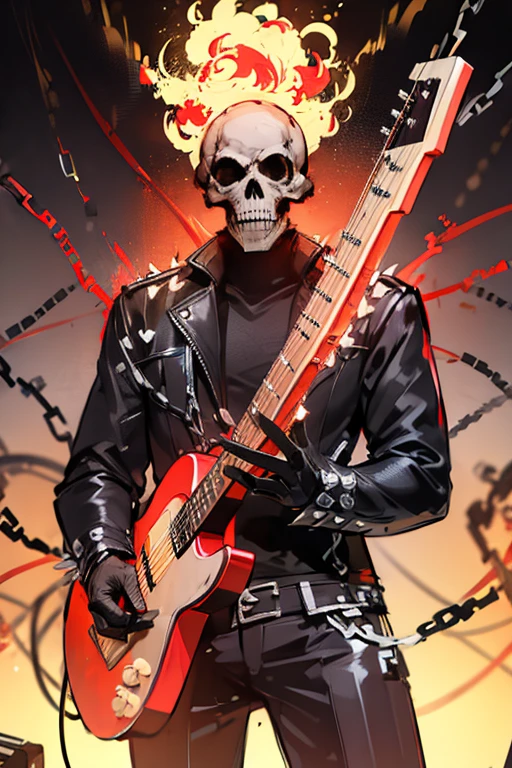 Man with a skull face playing his guitar which catches fire while his head catches fire, the guitar catches fire and is very angry and flaming