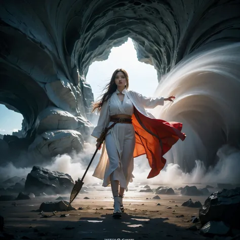 beautiful young woman, powerful aura, flowing robes of a wizard, wizard's staff, intense battle with an ogre, fantasy, high degr...
