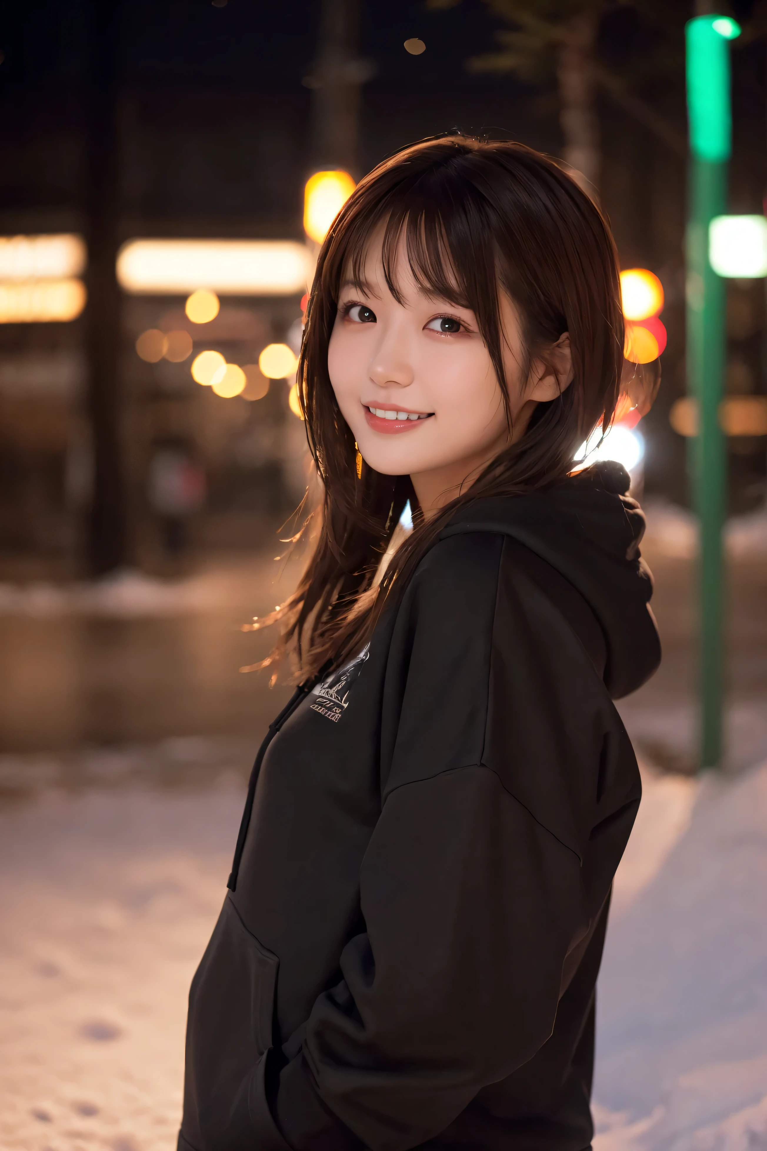 1 girl, (Wear a black hoodie:1.2), (RAW Photos, highest quality), (Realistic, Photorealistic:1.4), Tabletop, Very delicate and beautiful, Very detailed, 2k wallpaper, wonderful, finely, very detailed CG Unity 8k wallpaper, Very detailed, High resolution, Soft Light, Beautiful detailed girl, Very detailed目と顔, Beautiful and detailed nose, finely beautiful eyes, Cinema Lighting, Illuminations that light up the city on a snowy night, Snow Scene, that&#39;it&#39;s snowing, snow fell in my hair, Perfect Anatomy, Slender body, Was nervous, 
Straight semi-long hair, bangs, Looking at the audience, smile、fluffy muffler、