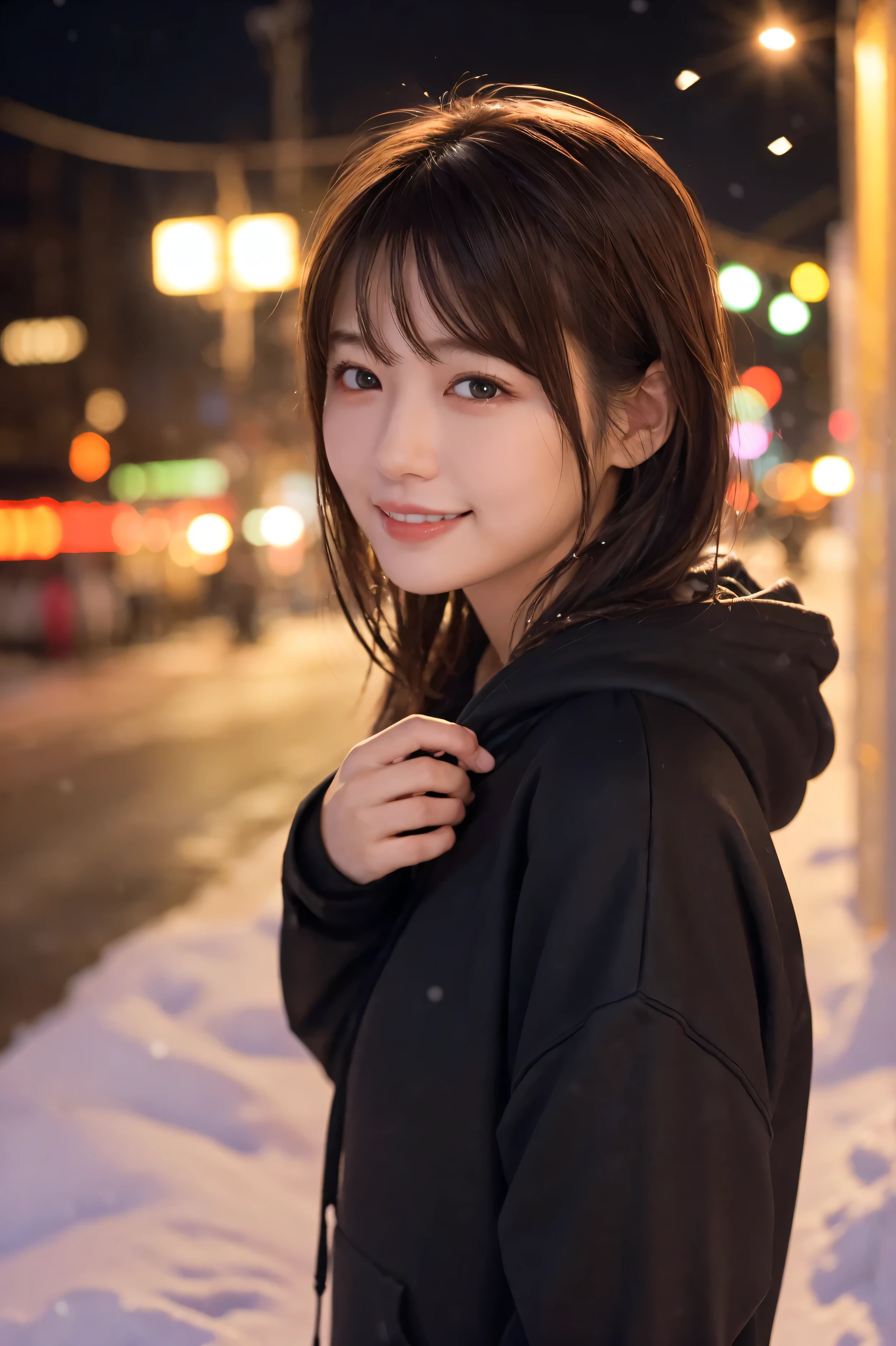 1 girl, (Wear a black hoodie:1.2), (RAW Photos, highest quality), (Realistic, Photorealistic:1.4), Tabletop, Very delicate and beautiful, Very detailed, 2k wallpaper, wonderful, finely, very detailed CG Unity 8k wallpaper, Very detailed, High resolution, Soft Light, Beautiful detailed girl, Very detailed目と顔, Beautiful and detailed nose, finely beautiful eyes, Cinema Lighting, Illuminations that light up the city on a snowy night, Snow Scene, that&#39;it&#39;s snowing, snow fell in my hair, Perfect Anatomy, Slender body, Was nervous, 
Straight semi-long hair, bangs, Looking at the audience, smile、fluffy muffler、