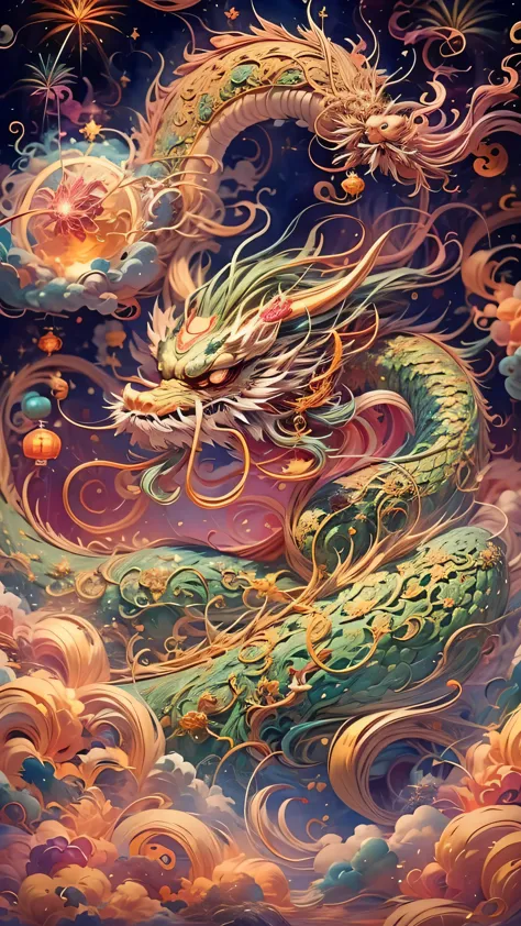 Cute Chinese dragon surrounded by clouds, Fireworks Background，Chinese New Year Decorations（（（masterpiece）））， （（highest quality）...