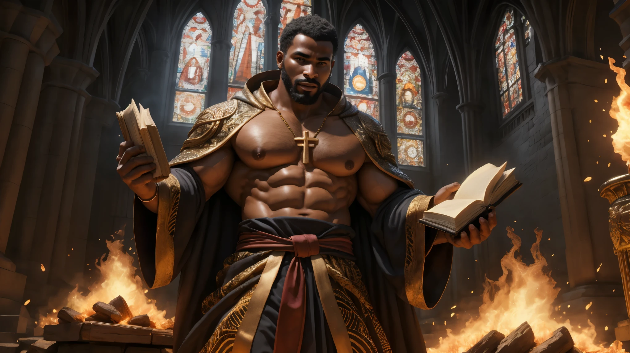 an (african man) wearing ember priest robe, beard, (30 years old), cathedral, indoors, holding book, cross, emb3r4rmor, embers, glowing, burning, masterpiece, highly detailed, realistic, (detailed background), depth of field, intricate details, cartoon, 3d, dynamic pose, dynamic angle, (muscular), (large pectorals), (puffy nipples)