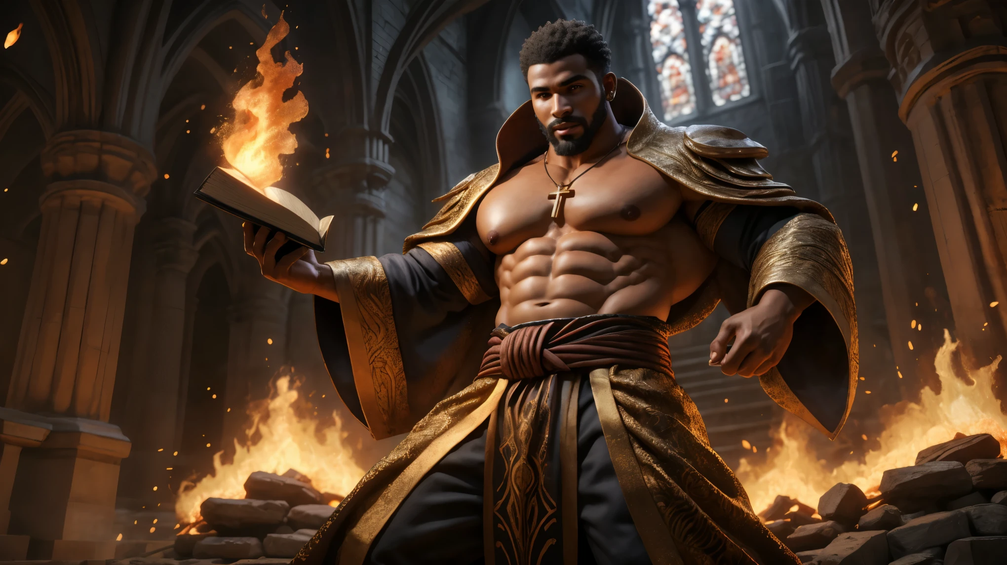 an (african man) wearing ember priest robe, beard, (30 years old), cathedral, indoors, holding book, cross, emb3r4rmor, embers, glowing, burning, masterpiece, highly detailed, realistic, (detailed background), depth of field, intricate details, cartoon, 3d, dynamic pose, dynamic angle, (muscular), (large pectorals), (puffy nipples)