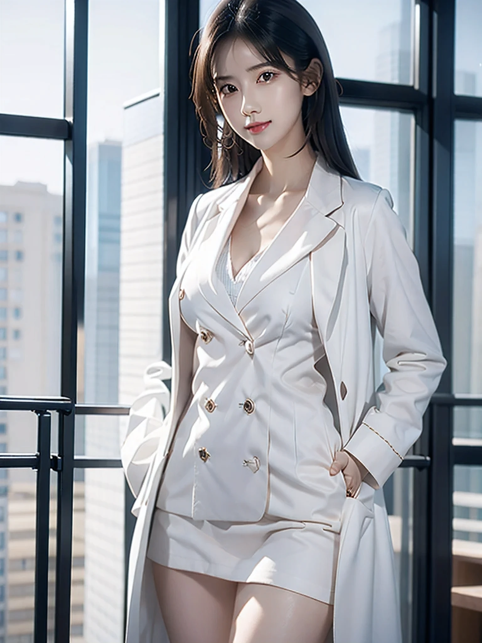 best quality, masterpiece, ultra high res, (photorealistic:1.4), RAW photo beauty　Beautiful face Slender　smile　whole body　leaning forward 　female doctor's white coat　stethoscope　Opens the chest　hospital　standing position, beautiful legs