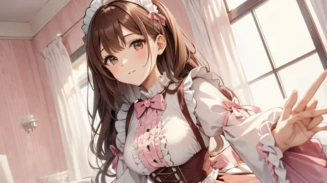 A beautiful woman wearing a pink and white puff-sleeved maid outfit with lots of frills and lace　Brown hair half-up　Upper Body