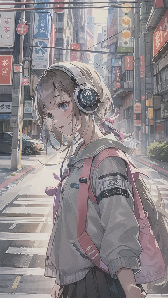 (masterpiece), (highest quality:1.4), (Ultra-high resolution:1.2),  Highly detailed background, (unity 8k wallpaper), Cute high school girl wearing headphones walking through the streets of Tokyo。Illustrations inspired by city pop culture、uniform、Wear loose socks for a stylish and nostalgic look、Display one subject without splitting the screen