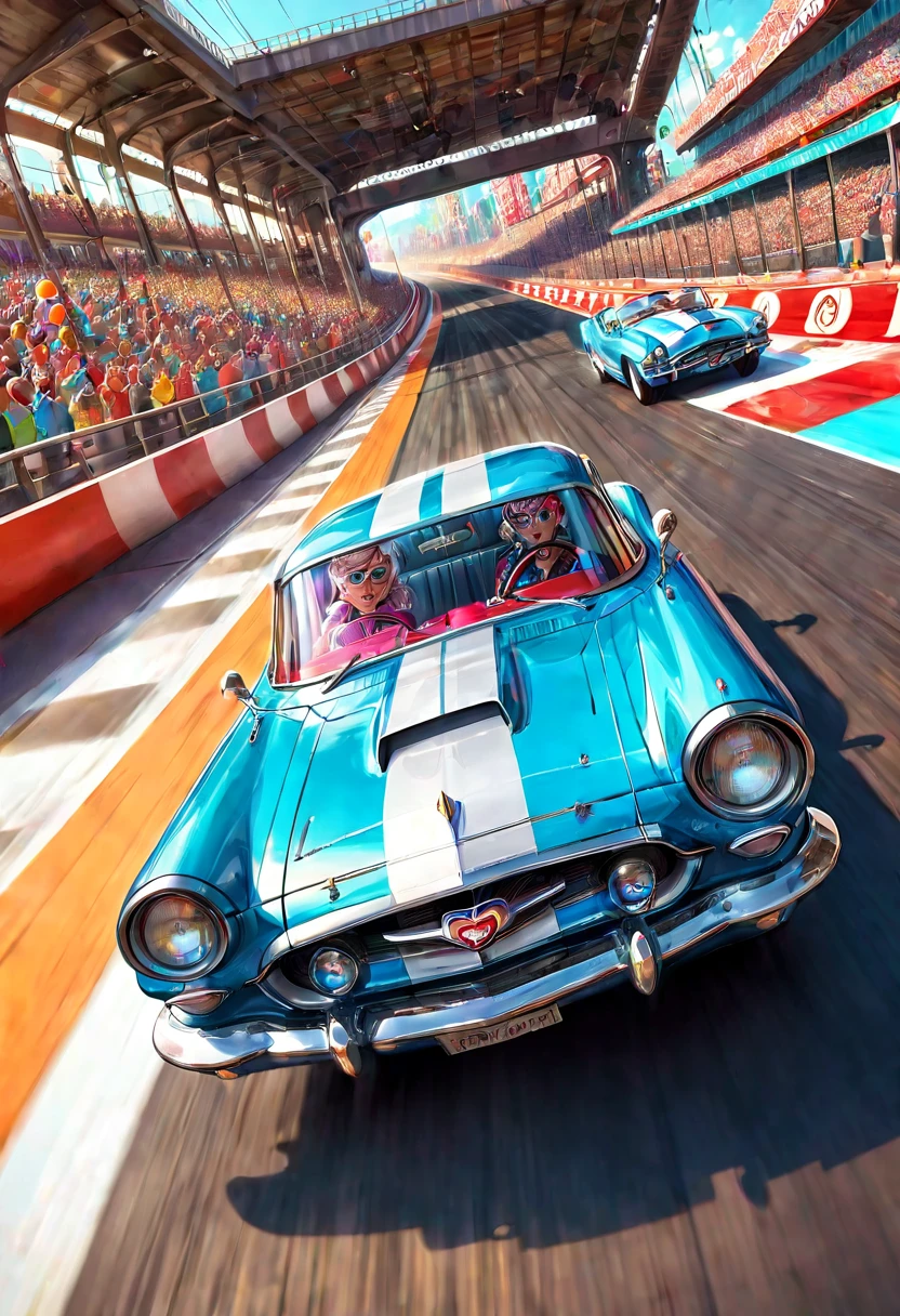 (Motion Blur:1.5), A happy granny in a vintage drag racing car speeding down the race track!. Fast and furious.  A_breathtaking masterpiece artwork by Android Jones, Alberto Seveso, Erin Hanson. maximalist highly detailed and intricate professional photography, a_masterpiece, 8k resolution concept art, Artstation, festive colors, Unreal Engine 5, cgsociety octane photograph, race track Scene!!! Candy art style! Whimsical playful colorful! candy!!! 🍬🍭 Candyland art!! “Hyperrealistic hyperdetailed highly detailed, digital illustration” postmodernism, artstation, poster art, dynamic lighting, cel-shaded, ray tracing reflections