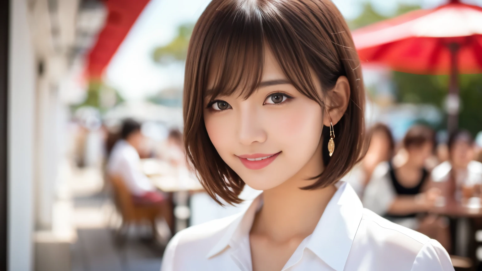 Product quality, Upper Body Shot, Front view, inside a stylish cafe, 1 girl, Young and beautiful Japan woman, Short Bob Hair, Very cute face, glamorous, I wear a satin silk white shirt with short sleeves and long sleeves with a collar, The cafe is full of smiles, glossy lips, Double eyelids on both eyes, Natural Makeup, Long eyelashes, Shiny and smooth light brown hair, Asymmetrical bangs, Sunburned skin, Center image, High resolution, Attention to detail, Detailed hairstyle, Detailed face, Cinema Lighting, Surreal, Perfect body,