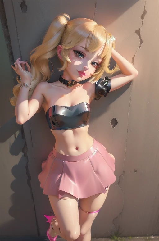 1girl,solo,(shiny clothes),(pink strapless),tight dress, midriff,pencil skirt,highleg,green skirt, twintails, (loli:1.8),eyelashes, (makeup:1.4),(lipstick:1.4), (night:1.3), flat chest, pink eyes, blonde hair, smirk, alley,against wall, partially visible vulva, navel, legs apart, cleft of venus,shoulder bag, high heels, animal collar, facing viewer,