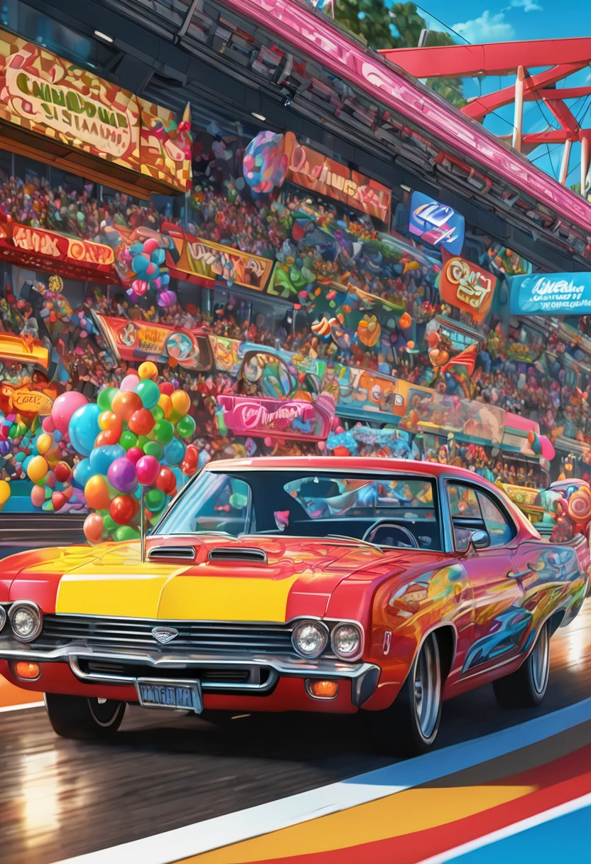 (運動模糊:1.5), A hAppy grAnny in A vintAge drAg rAcing cAr speeding down the rAce trAck!. FAst And furious.  A_breAthtAking mAsterpiece Artwork by Android Jones, 阿爾貝托·塞維索, Erin HAnson. mAximAlist highly detAiled And intricAte professionAl photogrAphy, A_mAsterpiece, 8k resolution concept Art, ArtstAtion, 節日色彩, UnreAl Engine 5, cgsociety octAne photogrAph, rAce trAck Scene!!! CAndy Art style! WhimsicAl plAyful colorful! cAndy!!! 🍬🍭 CAndylAnd Art!! “HyperreAlistic hyperdetAiled highly detAiled, digitAl illustrAtion” postmodernism, ArtstAtion, poster Art, dynAmic lighting, cel-shAded, rAy trAcing reflections