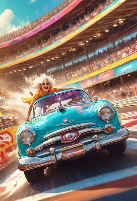 (Motion Blur:1.5), A happy granny in a vintage drag racing car speeding down the race track!. Fast and furious.  A_breathtaking ...