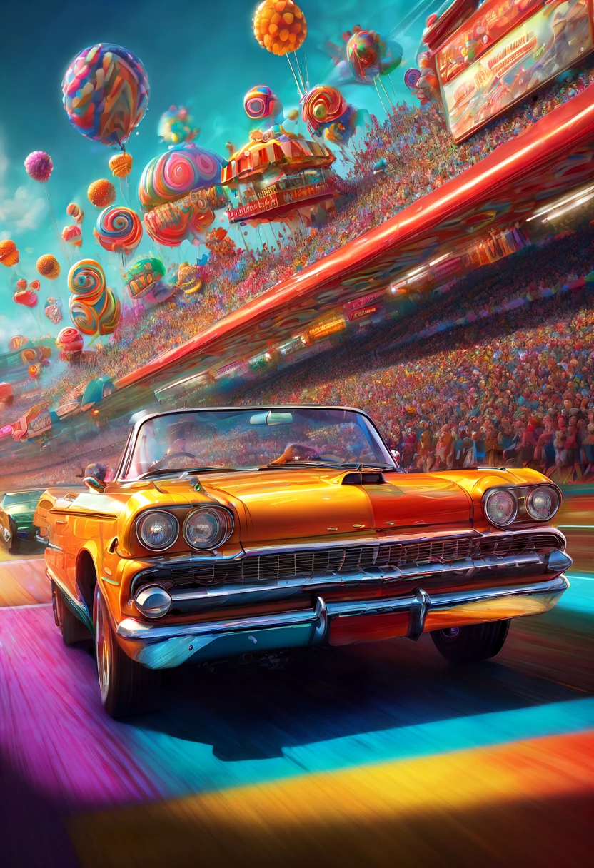 (運動模糊:1.5), A hAppy grAnny in A vintAge drAg rAcing cAr speeding down the rAce trAck!. FAst And furious.  A_breAthtAking mAsterpiece Artwork by Android Jones, 阿爾貝托·塞維索, Erin HAnson. mAximAlist highly detAiled And intricAte professionAl photogrAphy, A_mAsterpiece, 8k resolution concept Art, ArtstAtion, 節日色彩, UnreAl Engine 5, cgsociety octAne photogrAph, rAce trAck Scene!!! CAndy Art style! WhimsicAl plAyful colorful! cAndy!!! 🍬🍭 CAndylAnd Art!! “HyperreAlistic hyperdetAiled highly detAiled, digitAl illustrAtion” postmodernism, ArtstAtion, poster Art, dynAmic lighting, cel-shAded, rAy trAcing reflections