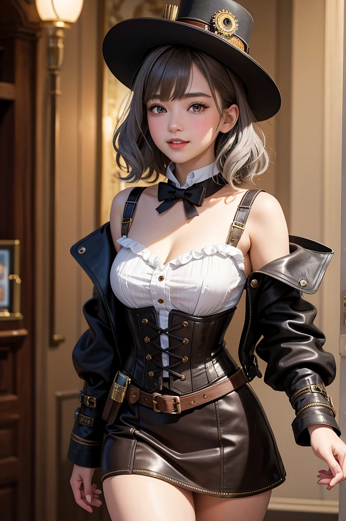 (masterpiece, best quality:1.1), (8k, best quality, masterpiece, ultra highres, ultra-detailed:1.2),a girl,cute,16yo,baby face,height small,steampunk fashion,gothic Steampunk hat,goggle,corset jumper skirt(brown)bare shoulder,platform cowboy-boots,
BREAK,
gray hair,wavy short hair,beautiful detailed teeth, eyes with large brown irises, blunt bangs,small mouth, fresh lips,nose blush, smile,very happy, 
BREAK,
combine Western elements with advanced technology,steam technology,(steampunk),Late 19th century American West,beautiful lighting, volumetric lighting, dynamic angle, looking at viewer, sharp,