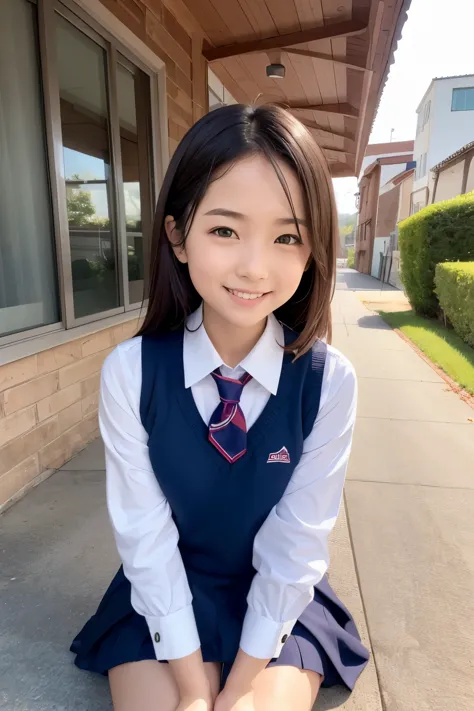 1girl,((school uniform)),light smile, sitting,outdoors,