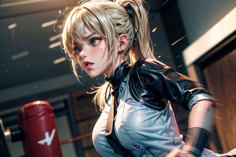 #quality(8k wallpaper of extremely detailed CG unit, ​masterpiece, hight resolution, top-quality, top-quality real texture skin,hyper realisitic, digitial painting,increase the resolution,RAW photosbest qualtiy,highly detailed,the wallpaper),solo,a jk girl is hard punching you by bare fist,#1girl(cute, kawaii,small kid,hair floating,messy hair,blonde hair,long hair,messy hair,pony tail hair,skin color white,eye color blue,eyes shining,big eyes,breast,angry face,punching you by her fist,dynamic pose,dynamic angle,sweat,,), BREAK ,#fist(motion blur:2.0),#background(school,),(when drawing the hand please draw them very correctly for sure),[nsfw]each hand five fingers