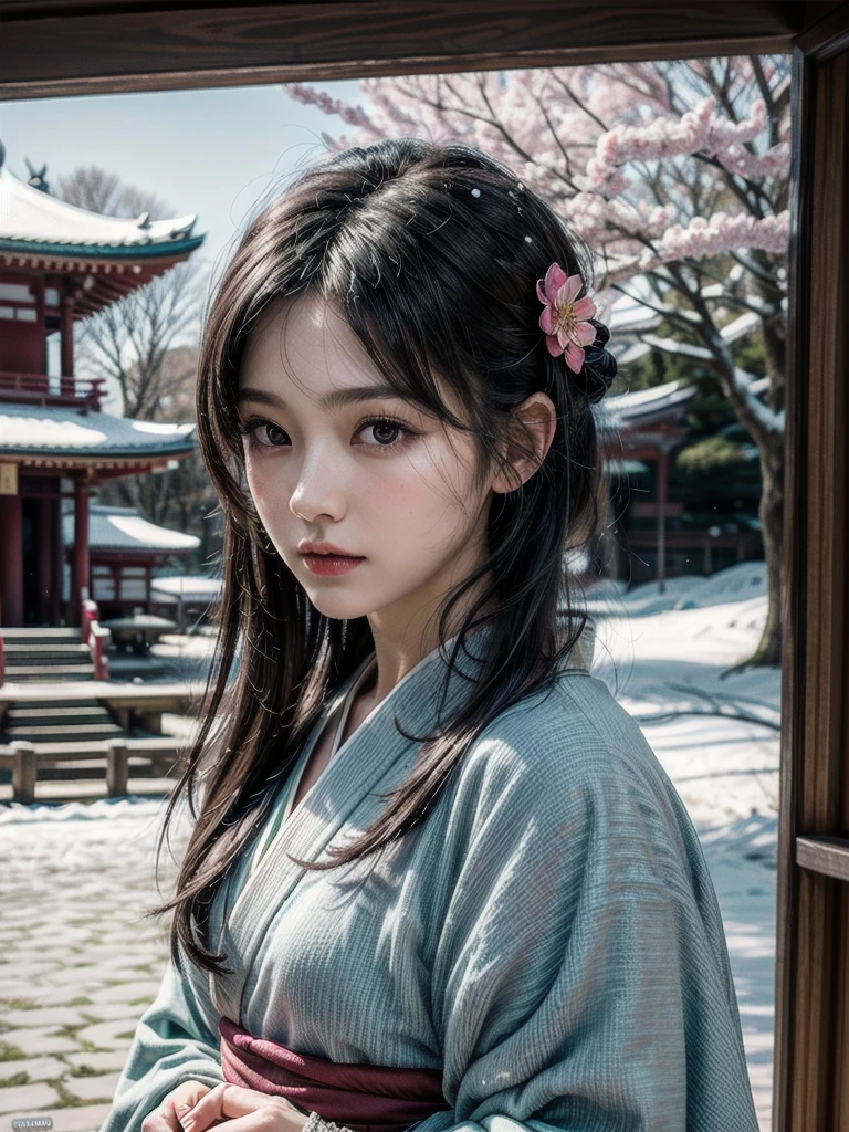 masterpiece, Best quality, (photorealistic:1.4), 8K, raw photo, ultra high resolution, extremely detailed eyes and face, slim, skinny, I look at the viewer, kimono, Temple, sakura, winter, snowfall, portrait, girl (black hair, Shy, Cute, hairclip)