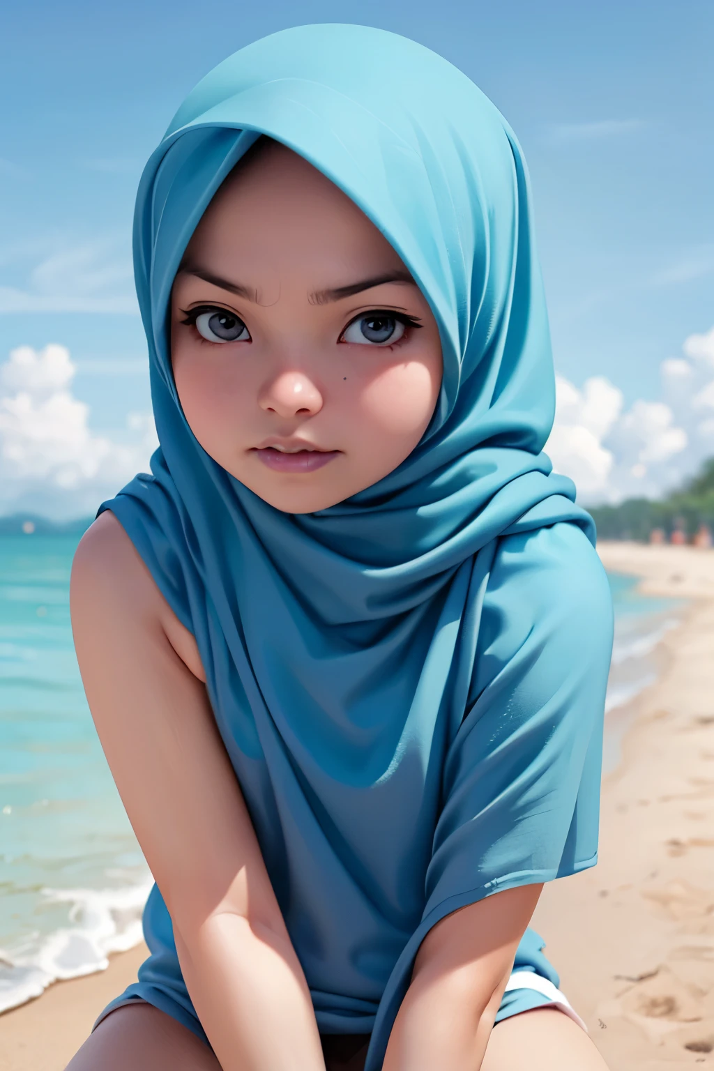 Un primer plano de una joven que llevaba un hijab azul en una playa -  SeaArt AI