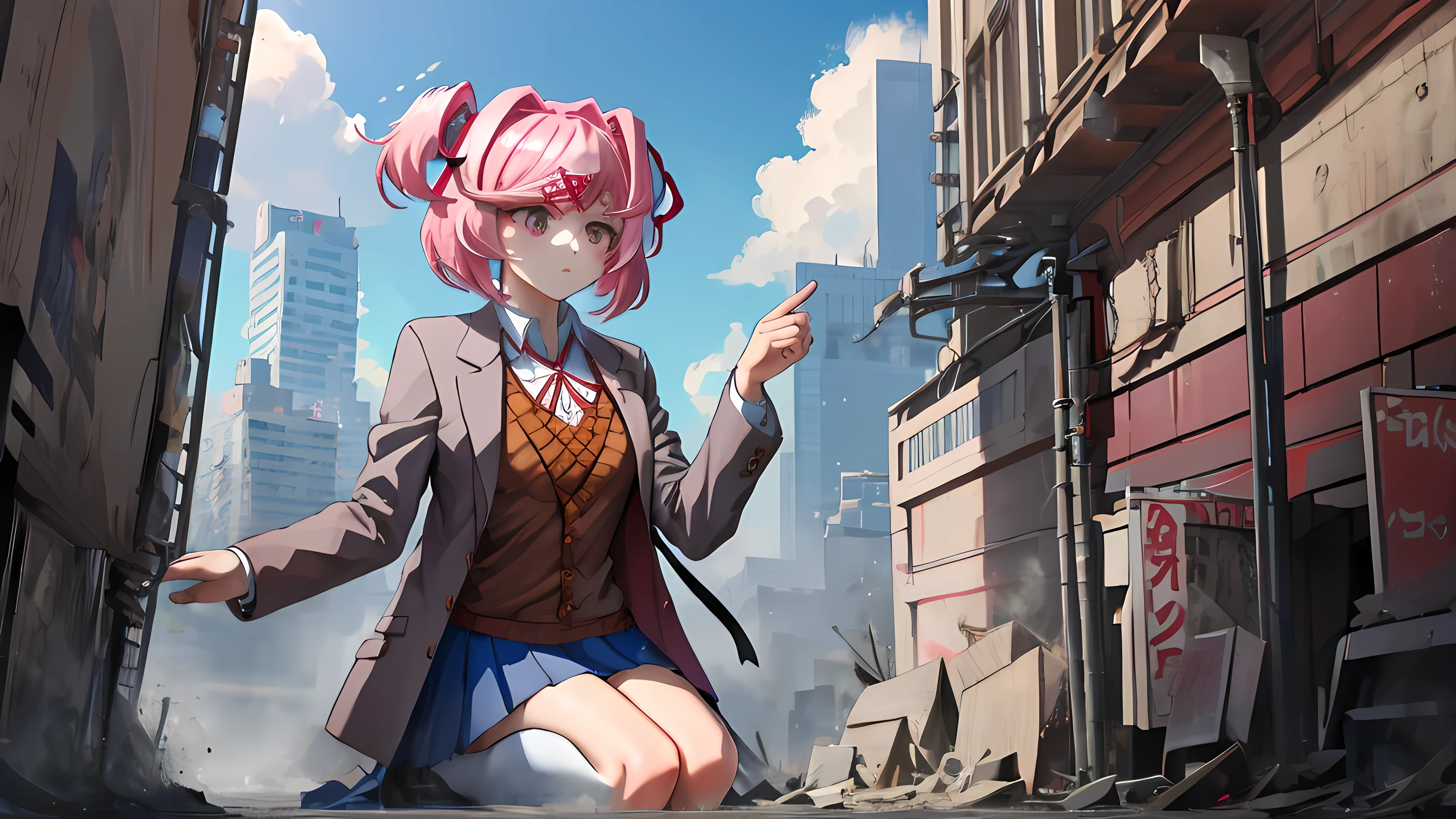 masterpiece, best quality, 1girl, flat chest, gtsgiga, natsuki, pink eyes, pink hair, two side up, hair ornament, hair ribbon, , blazer, brown sweater, collared shirt, neck ribbon, blue skirt, puffy nipples, kneeling, landscape, mountain, tiny cityscape, shore
