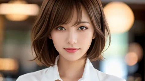 product quality, upper body shot, front view, inside a stylish cafe, 1 girl, young and beautiful japan woman, short bob hair, ve...