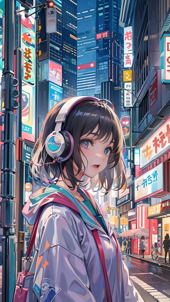 (masterpiece), (highest quality:1.4), (Ultra-high resolution:1.2),  Highly detailed background, (unity 8k wallpaper), Cute high school girl wearing headphones walking through the streets of Tokyo。Illustrations inspired by city pop culture、、Wear loose socks for a stylish and nostalgic look、Display one subject without splitting the screen