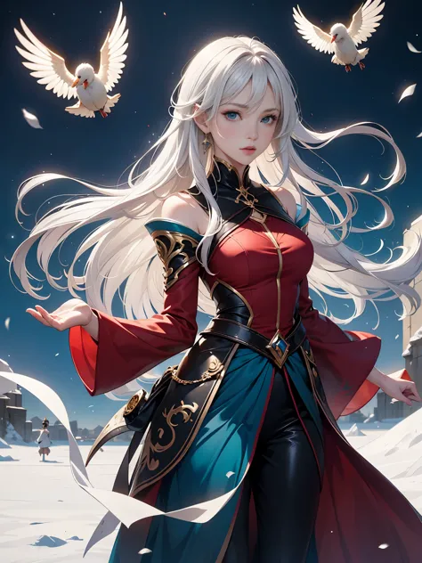 anime girl with long white hair and blue skirt in the snow, white-haired god, white hair floating in the air, snowflakes flying ...