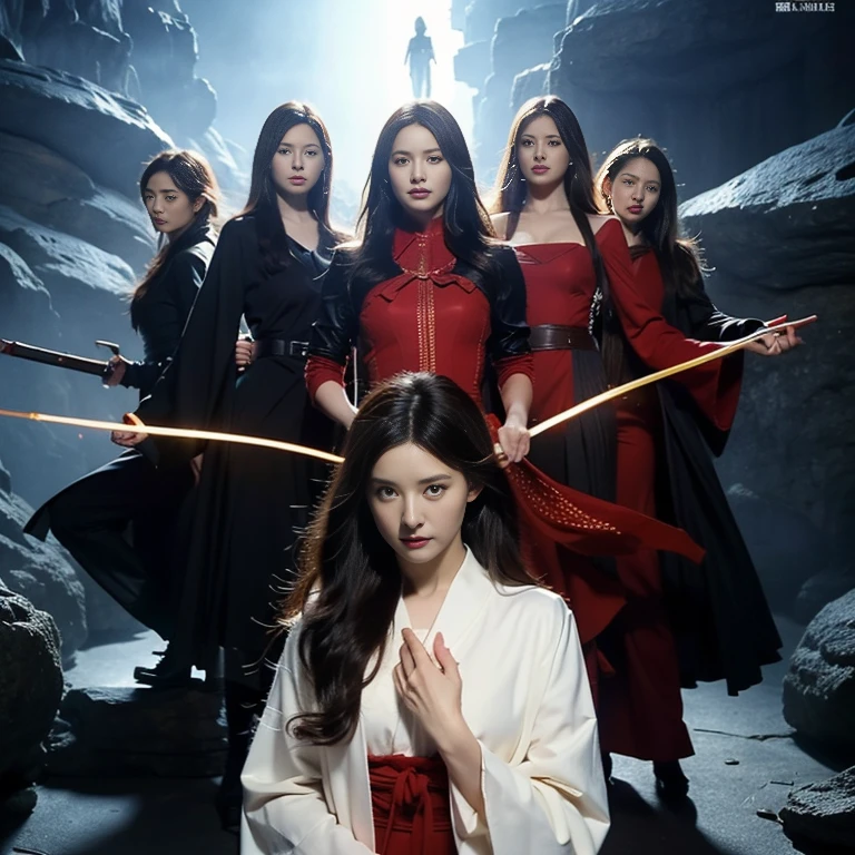 ５A group of magical girls、Beautiful young women、Each has a different powerful aura、Flowing Wizard Robes、Wizard&#39;s wand、Fierce battle with the Ogre、Fantasy、Revealing clothing、fierce fighting、Aura radiating from the whole body。 (highest quality、High resolution)、Magical Landscapes、Bright colors、Dramatic lighting、Movie Posters